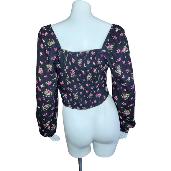 Vero Moda Womens Medium VMANNA Long Sleeve Crop Top‎ Black Pink Floral Smock NWT - Picture 7 of 16